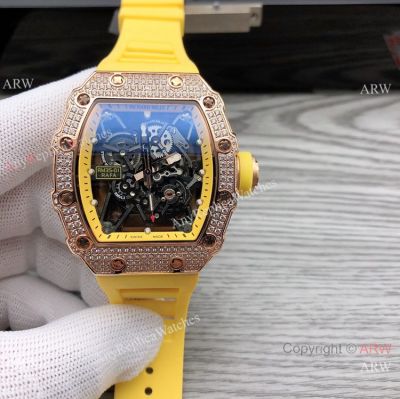 Swiss Quality Richard Mille RM35-01 Rafael Nadal Watch Rose Gold Diamond & Yellow Rubber Strap